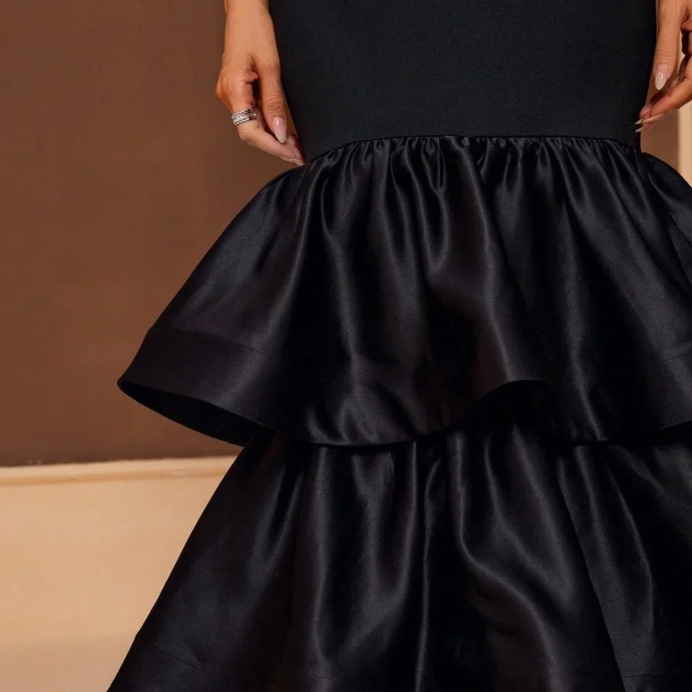 Black Preppy Womens Evening Dress With Tiered Hem And Patchwork Fabric